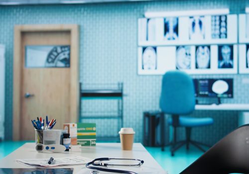 Empty doctor office featuring modern medical equipment and drugs, ready for the next patient consultation. Highlighting advanced diagnostics, healthcare services and patient care management.